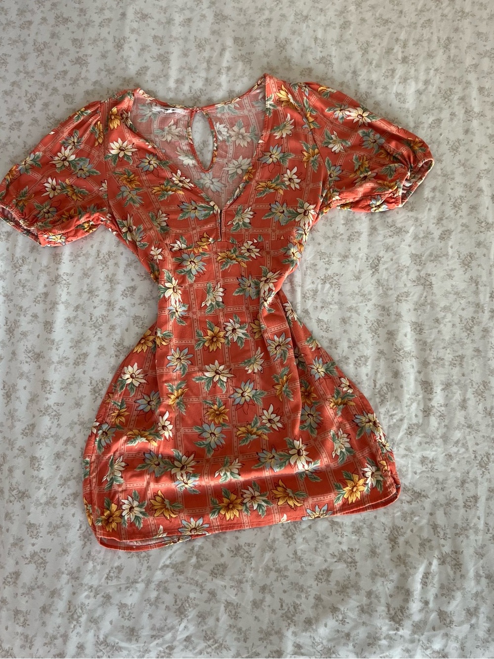 Floral Coral Short Sleeve V-Neck Dress
